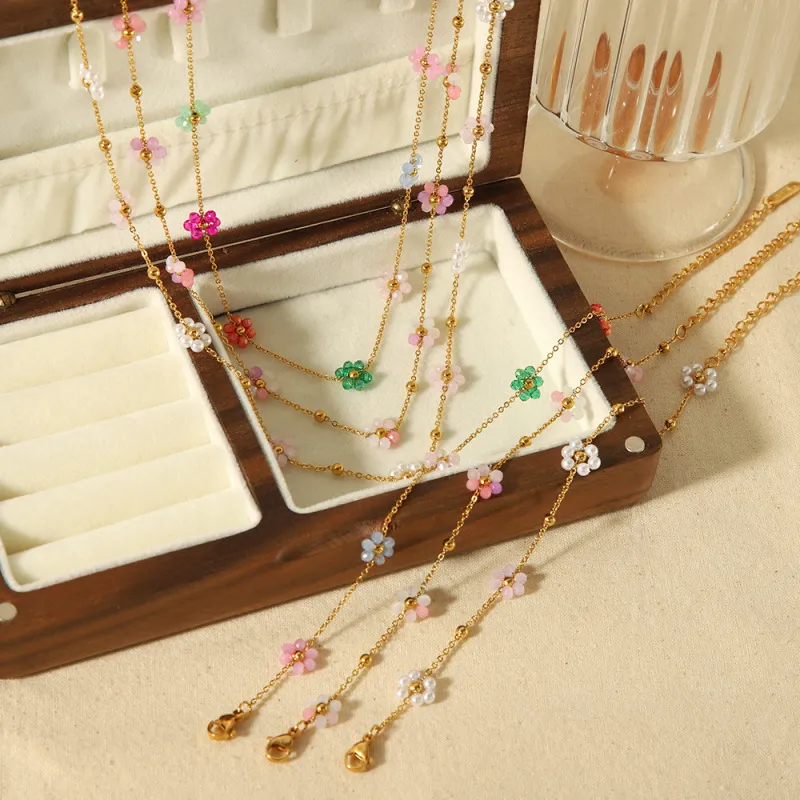 Cute Flower Bracelet Set 18k Gold Stainless Steel Simple Design Fashion Jewelry