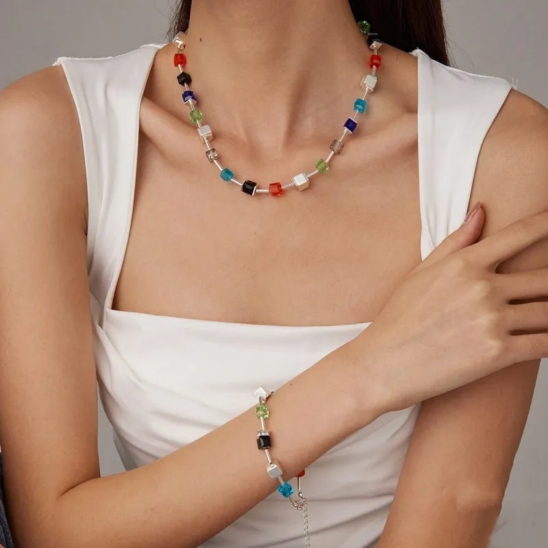Multicolor Sugar Square Gemstone Crystal Bracelet Necklace Jewelry Set Women