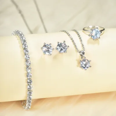 Zircon Jewelry Set Women Fashion Chic Earrings Ring Bracelet Necklace Four-Piece Set