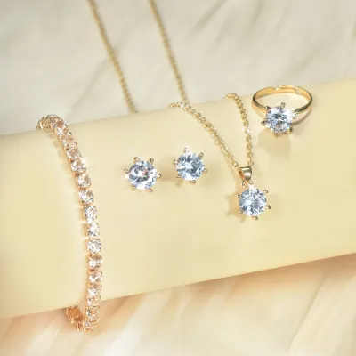 Zircon Jewelry Set Women Fashion Chic Earrings Ring Bracelet Necklace Four-Piece Jewelry Set