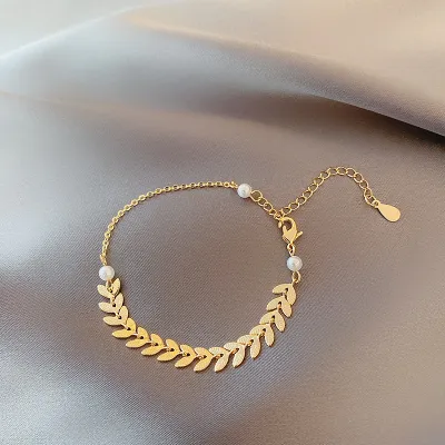 Women Simple Fashion Three-Piece Set Wheat Pearl Necklace Earrings Bracelet Set