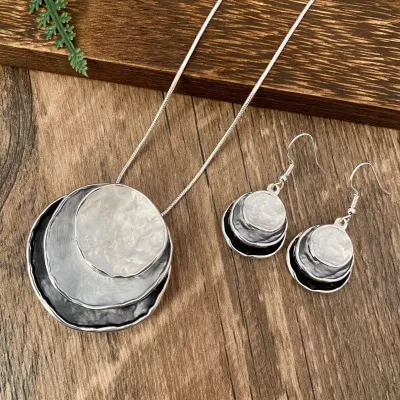 Vintage Boho Three-Layer Pendant Necklace Earrings Set with Snake Chain