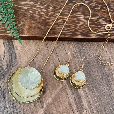 Vintage Boho Three-Layer Pendant Necklace Earrings Set with Snake Chain