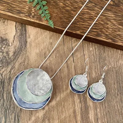 Vintage Boho Three-Layer Pendant Necklace Earrings Set with Snake Chain
