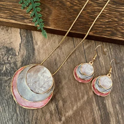 Vintage Boho Three-Layer Pendant Necklace Earrings Set with Snake Chain