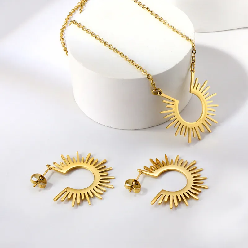 Geometric Metal Earrings Necklace Set Stainless Steel Rhinestone Fashion Commuter Jewelry Set for Women