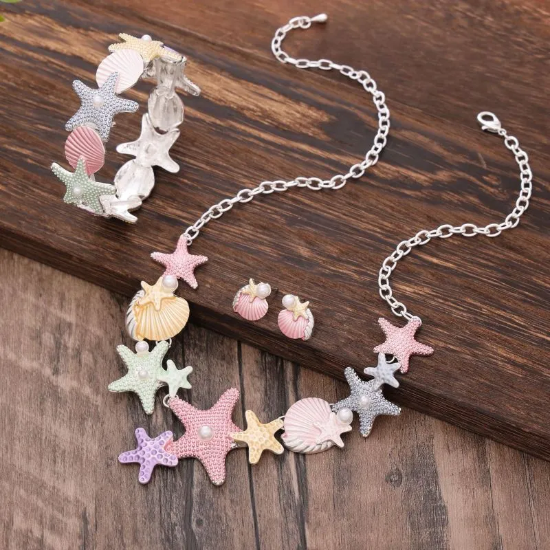 Shell Starfish Necklace Stud Earrings Bracelet Jewelry Set Alloy Marine Princess Fresh Sweet