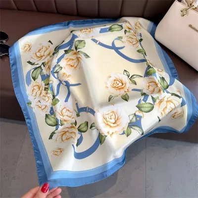 Pink Rose Floral Printed Silk Like Satin 70cm Square Scarf
