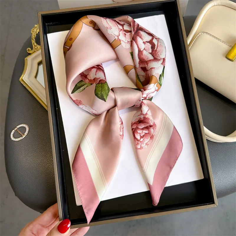 Pink Rose Floral Printed Silk Like Satin 70cm Square Scarf