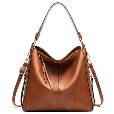 Women's PU Leather Large Capacity Soft Solid Color Shoulder Handbag with Zipper