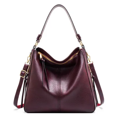 Women's PU Leather Large Capacity Soft Solid Color Shoulder Handbag with Zipper
