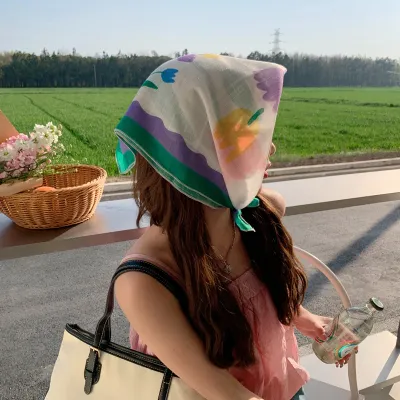 Women Fashion Flower Print Cotton Linen Square Scarf 55cm