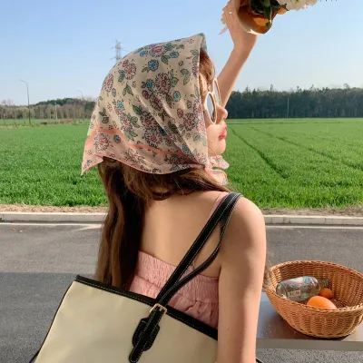 Women Fashion Flower Print Cotton Linen Square Scarf 55cm