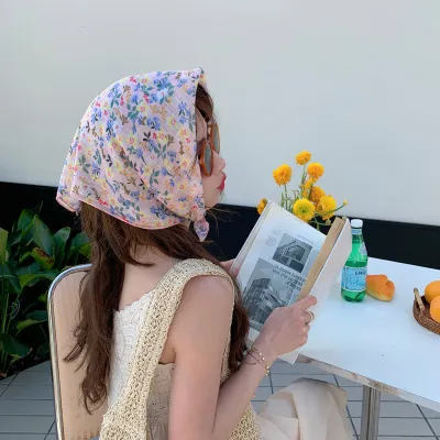 Women Fashion Flower Print Cotton Linen Square Scarf 55cm