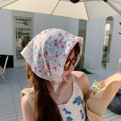 Women Fashion Flower Print Cotton Linen Square Scarf 55cm