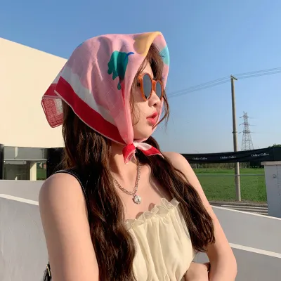 Women Fashion Flower Print Cotton Linen Square Scarf 55cm