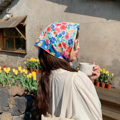Women Fashion Flower Print Cotton Linen Square Scarf 55cm
