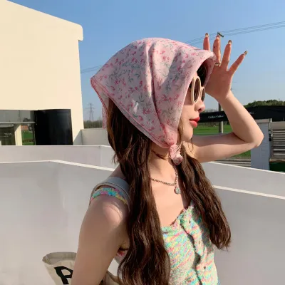 Women Fashion Flower Print Cotton Linen Square Scarf 55cm