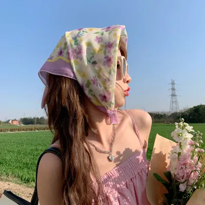 Women Fashion Flower Print Cotton Linen Square Scarf 55cm