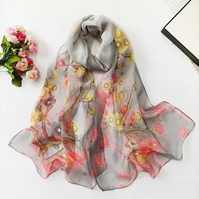 Summer Sunscreen Easide Beach Soft Plum Blossom Print Chiffon Scarf 160x50cm