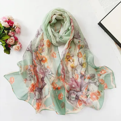 Summer Sunscreen Easide Beach Soft Plum Blossom Print Chiffon Scarf 160x50cm