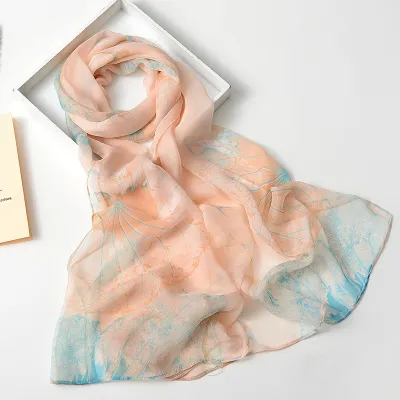 Summer Sunscreen Easide Beach Soft Plum Blossom Print Chiffon Scarf 160x50cm