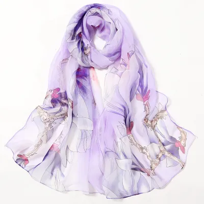 Summer Sunscreen Easide Beach Soft Plum Blossom Print Chiffon Scarf 160x50cm