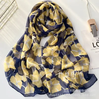 Summer Sunscreen Easide Beach Soft Plum Blossom Print Chiffon Scarf 160x50cm