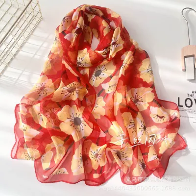 Summer Sunscreen Easide Beach Soft Plum Blossom Print Chiffon Scarf 160x50cm