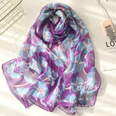 Summer Sunscreen Easide Beach Soft Plum Blossom Print Chiffon Scarf 160x50cm