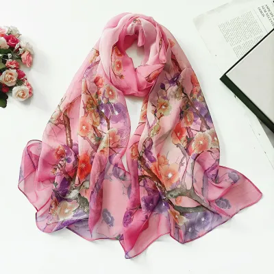 Summer Sunscreen Easide Beach Soft Plum Blossom Print Chiffon Scarf 160x50cm