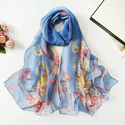 Summer Sunscreen Easide Beach Soft Plum Blossom Print Chiffon Scarf 160x50cm