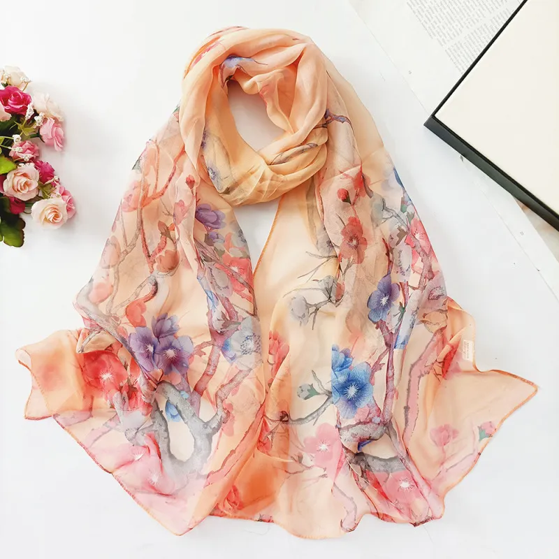 Summer Sunscreen Easide Beach Soft Plum Blossom Print Chiffon Scarf 160x50cm