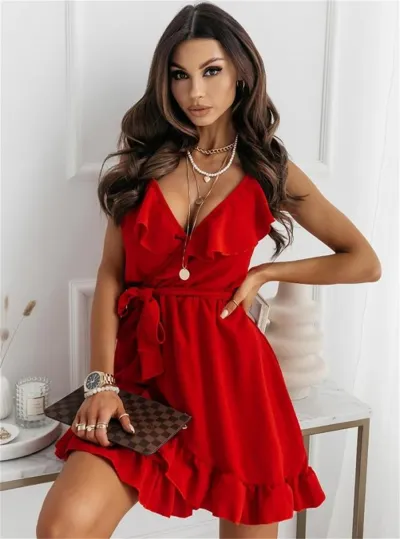 Women's Sexy Fashion Solid Color Ruffled Wrap Dress