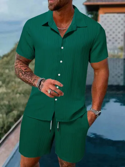 Men Fashion Casual Solid Color Lapel Blouse Slim-Fit Shorts 2 Pcs Set