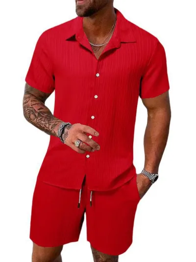 Men Fashion Casual Solid Color Lapel Blouse Slim-Fit Shorts 2 Pcs Set