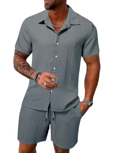 Men Fashion Casual Solid Color Lapel Blouse Slim-Fit Shorts 2 Pcs Set