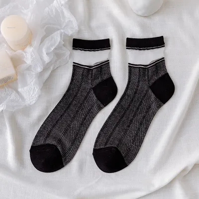 Women Striped Mesh Crystal Wire Sheer Thin Socks for Spring Autumn