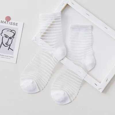 Women Striped Mesh Crystal Wire Sheer Thin Socks for Spring Autumn