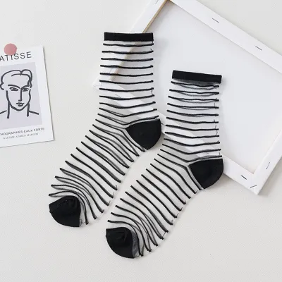 Women Striped Mesh Crystal Wire Sheer Thin Socks for Spring Autumn