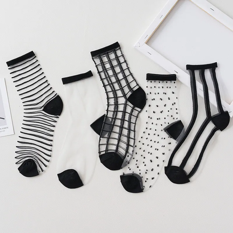 Women Striped Mesh Crystal Wire Sheer Thin Socks for Spring Autumn