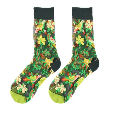 Spring Summer Women Thin Mid-Tube Fashion Flower Mesh Socks