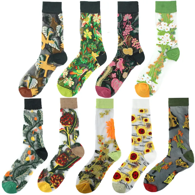 Spring Summer Women Thin Mid-Tube Fashion Flower Mesh Socks