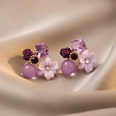 Fashion Women Summer Vacation Purple Crystal Flower Drop Earrings