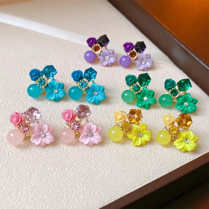 Fashion Women Summer Vacation Purple Crystal Flower Drop Earrings