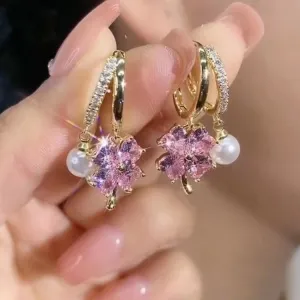 Fashion Chic Rhinestone Women Four-Leaf Clover Flower Pearl Stud Earrings