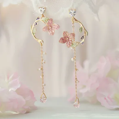 Fashion Spring Summer Women Asymmetric Sweet Pink Flower Tassel Dangle Earrings Metal