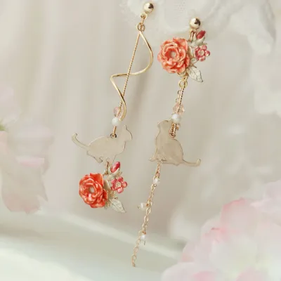 Fashion Spring Summer Women Asymmetric Sweet Pink Flower Tassel Dangle Earrings Metal