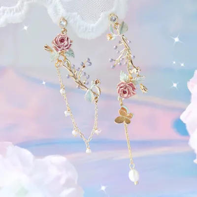 Fashion Spring Summer Women Asymmetric Sweet Pink Flower Tassel Dangle Earrings Metal