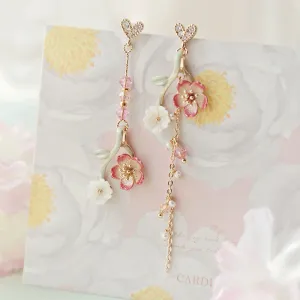 Fashion Spring Summer Women Asymmetric Sweet Pink Flower Tassel Dangle Earrings Metal
